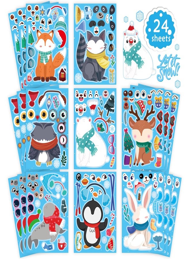 DUJAA 24 Sheets Winter Stickers for Kids Toddlers, Make-a-face Sticker Make Your Own Stickers 8 Designs of Animal Owl Penguin Snowman Bear Sticker Party Decorations Supplies - Image 1